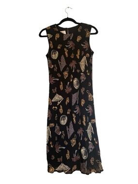 Jones New York Vintage 90s Beach Vacation Black Brown Rayon Midi Dress Size 8